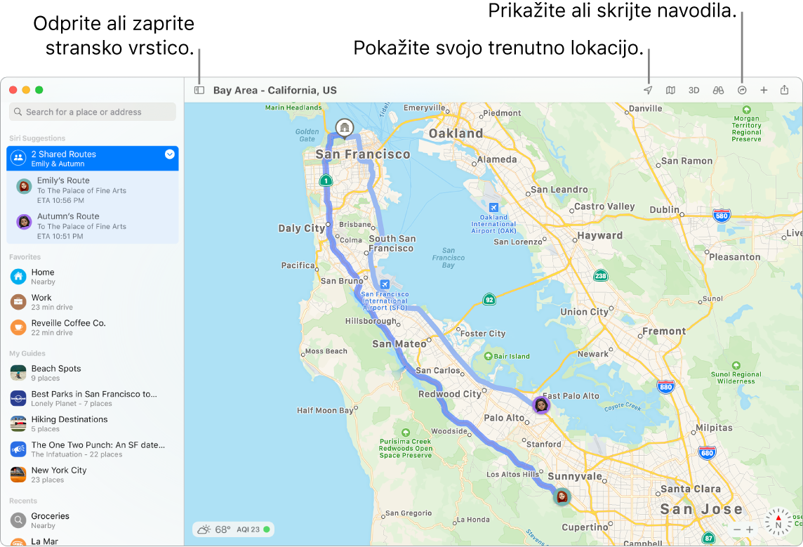 Okno aplikacije Maps, v katerem je prikazano, kako pridete do destinacije, tako, da jo kliknete v stranski vrstici, kako odprete ali zaprete stransko vrstico in kako na zemljevidu najdete svojo trenutno lokacijo.