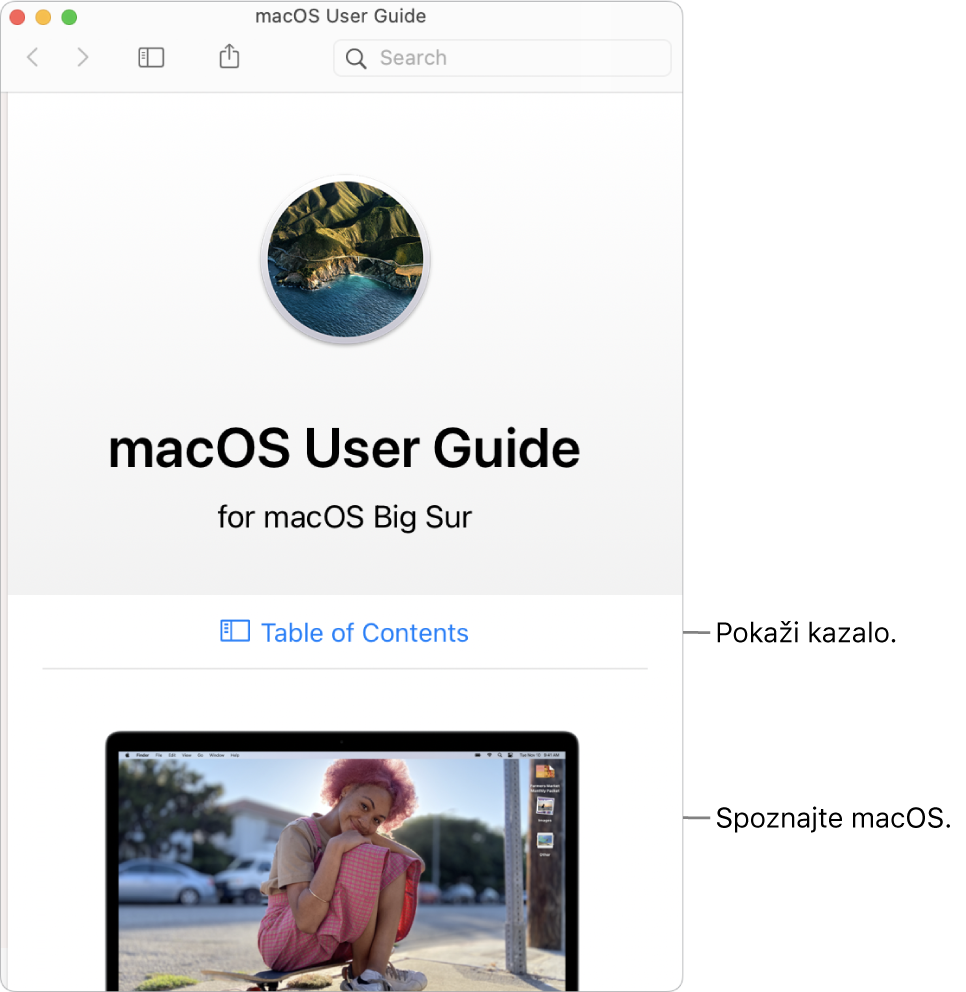 Stran z dobrodošlico uporabniškega priročnika macOS s prikazom povezave do kazala z vsebino.