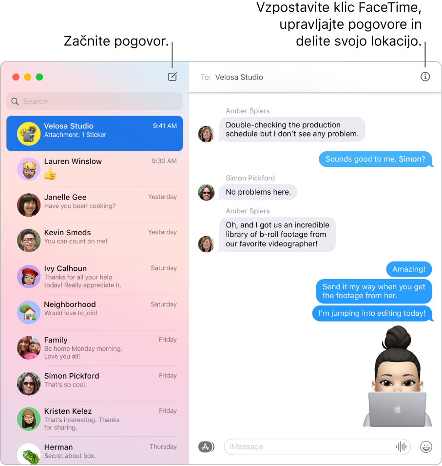 Okno aplikacije Messages, v katerem je prikazano, kako začeti pogovor in kako vzpostaviti klic FaceTime.