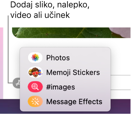 Meni Apps z možnostmi, ki prikazujejo fotografije, nalepke Memoji, sličice GIF in učinke v sporočilih.