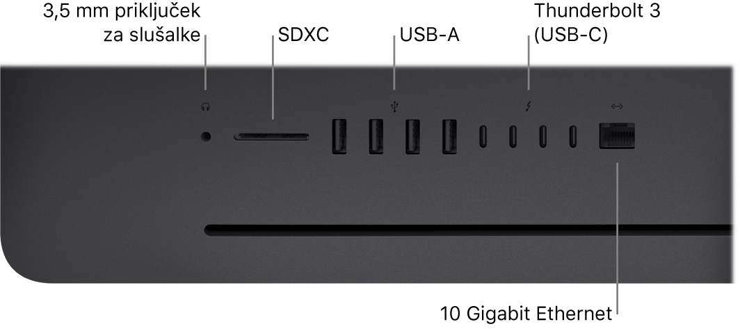Računalnik iMac Pro s prikazom 3,5 mm priključka za slušalke, reže SDXC, vhodov USB-A, vhoda Thunderbolt 3 (USB-C) in vhoda za Ethernet (RJ-45).