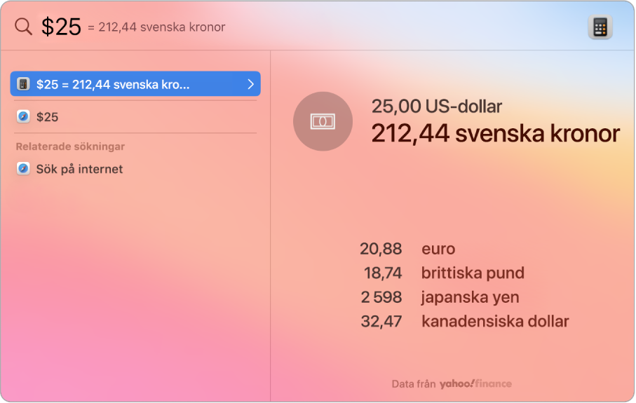 En skärmavbild som visar dollar konverterade till pesos med en bästa sökträff som visar konverteringen och flera andra att välja bland.