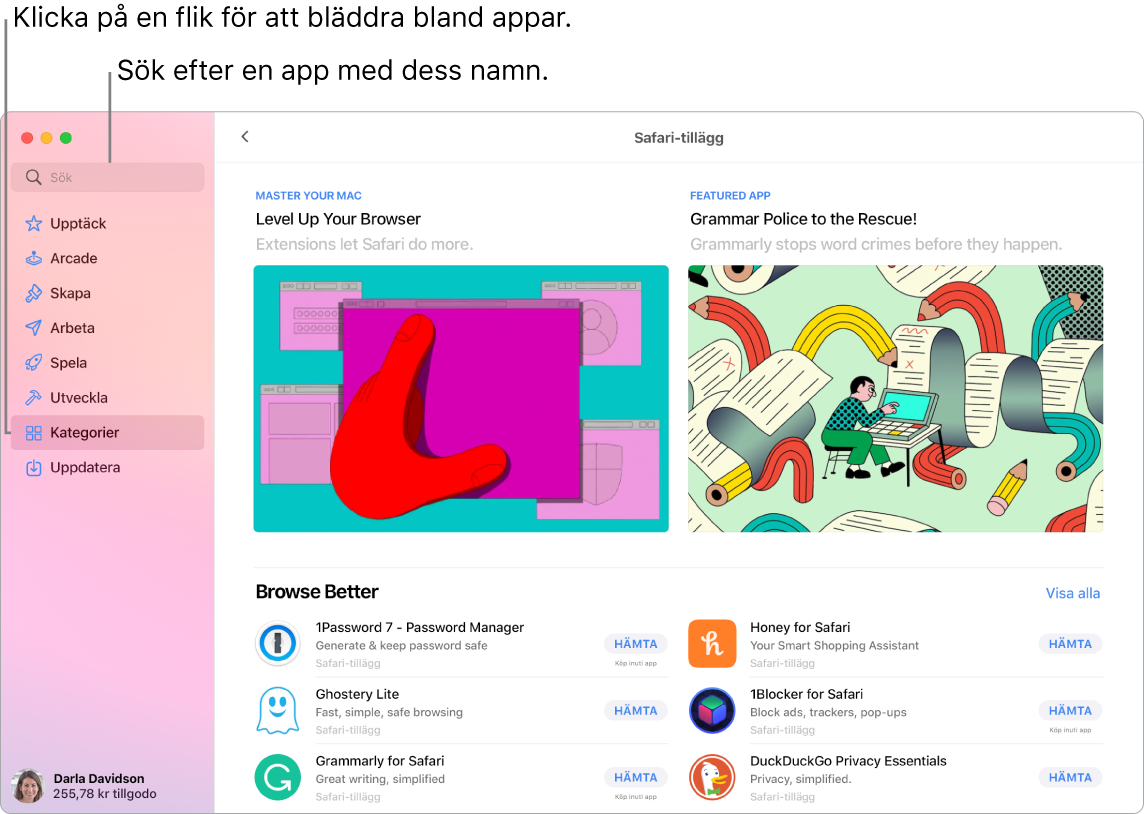 App Store-fönster som visar sökfältet och en sida med Safari-tillägg.