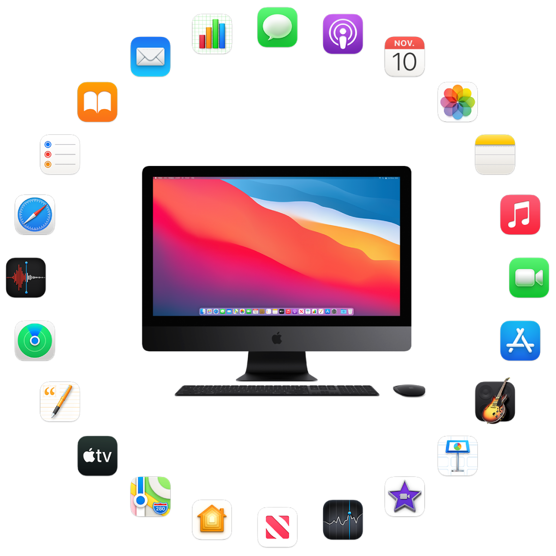 En iMac Pro omgiven av symbolerna för de appar som är inbyggda och beskrivs i avsnitten som följer.