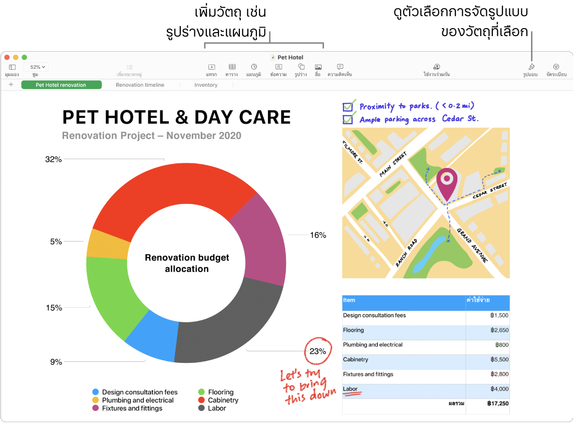 หน้าต่างแอพ Numbers ที่มีแถบเครื่องมือและเครื่องมือการแก้ไขของแถบเครื่องมือที่ด้านบน ปุ่มใช้งานร่วมกันอยู่ใกล้กับด้านขวาบน และปุ่มรูปแบบและจัดระเบียบอยู่ทางด้านขวา แถบด้านข้างรูปแบบเปิดไปยังแถบแผนภูมิ