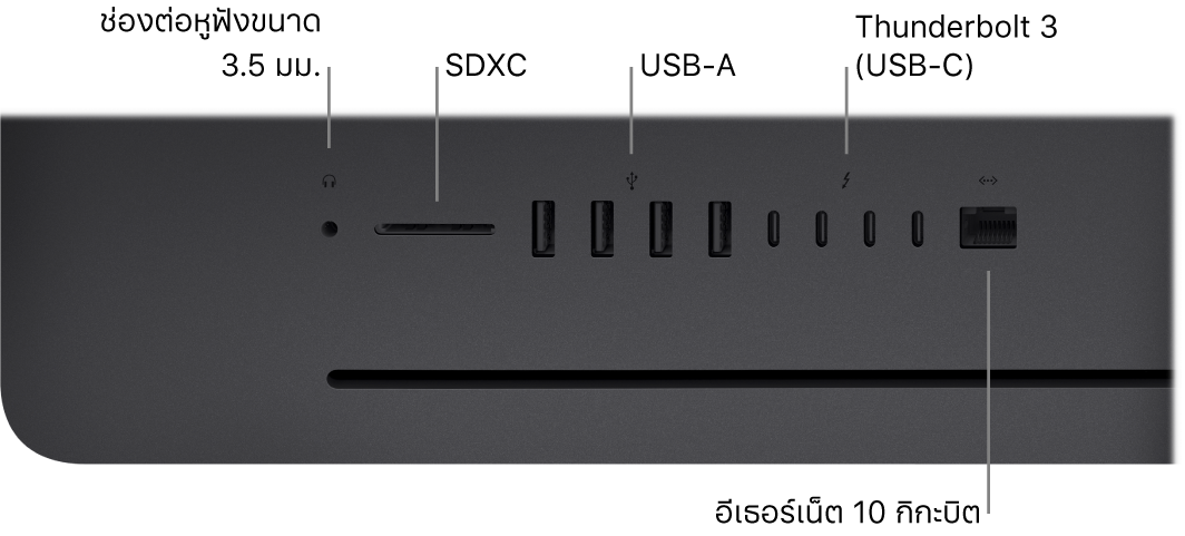iMac Pro ที่แสดงช่องต่อหูฟังขนาด 3.5 มม., ช่องเสียบ SDXC, พอร์ต USB-A, พอร์ต Thunderbolt 3 (USB-C) และพอร์ตอีเธอร์เน็ต (RJ-45)