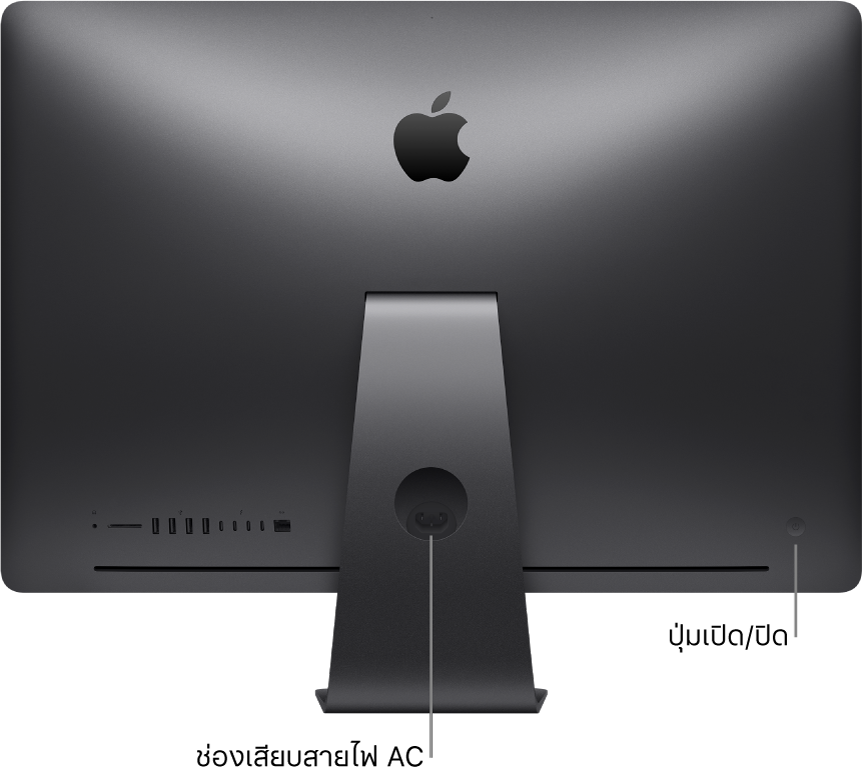 มุมมองด้านหลังของ iMac Pro ที่แสดงพอร์ตเสียบสายไฟ AC และปุ่มเปิด/ปิด