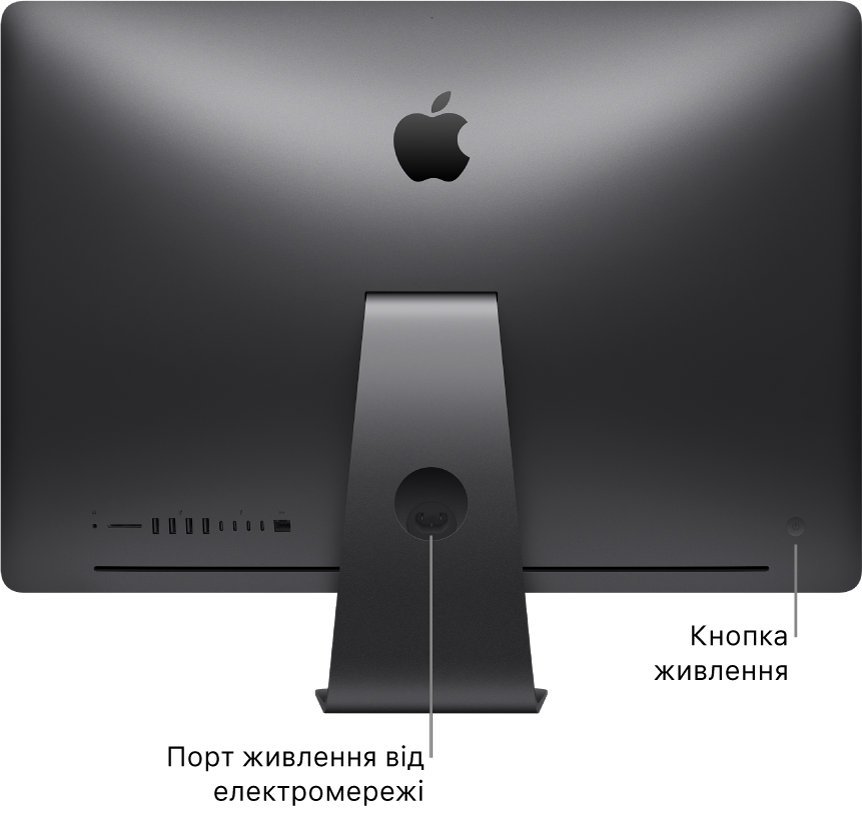 Вид задньої панелі комп’ютера iMac Pro з рознімом живлення змінного струму та кнопкою живлення.