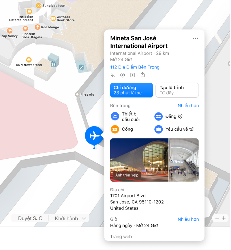 Một bản đồ khu vực bên trong của một sân bay, cùng với thông tin về sân bay, bao gồm chỉ đường, nhà hàng, cửa hàng, v.v.