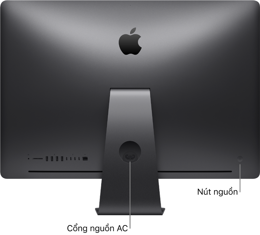 Góc nhìn phía sau của iMac Pro, đang hiển thị cổng nguồn AC và nút nguồn.