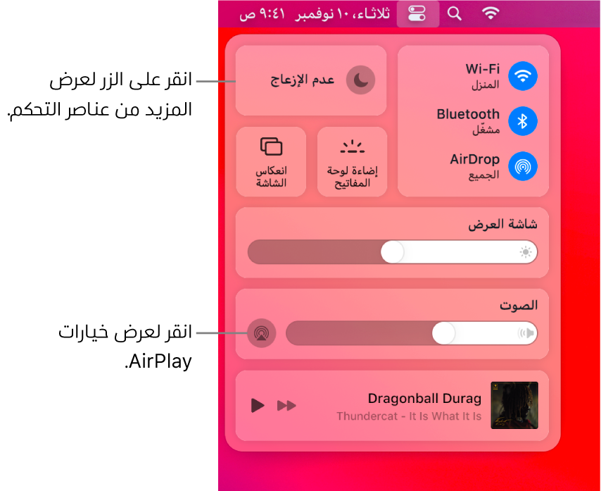 عرض مُكبَّر لمركز التحكم على الـ Mac.