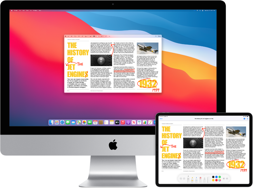 كمبيوتر iMac وجهاز iPad جنبًا إلى جنب. تعرض كلتا الشاشتين مقالة مغطاة بتعديلات حمراء مخربشة، مثل جمل متداخلة وأسهم وكلمات مضافة. يحتوي الـ iPad أيضًا على عناصر تحكم في التوصيف في أسفل الشاشة.