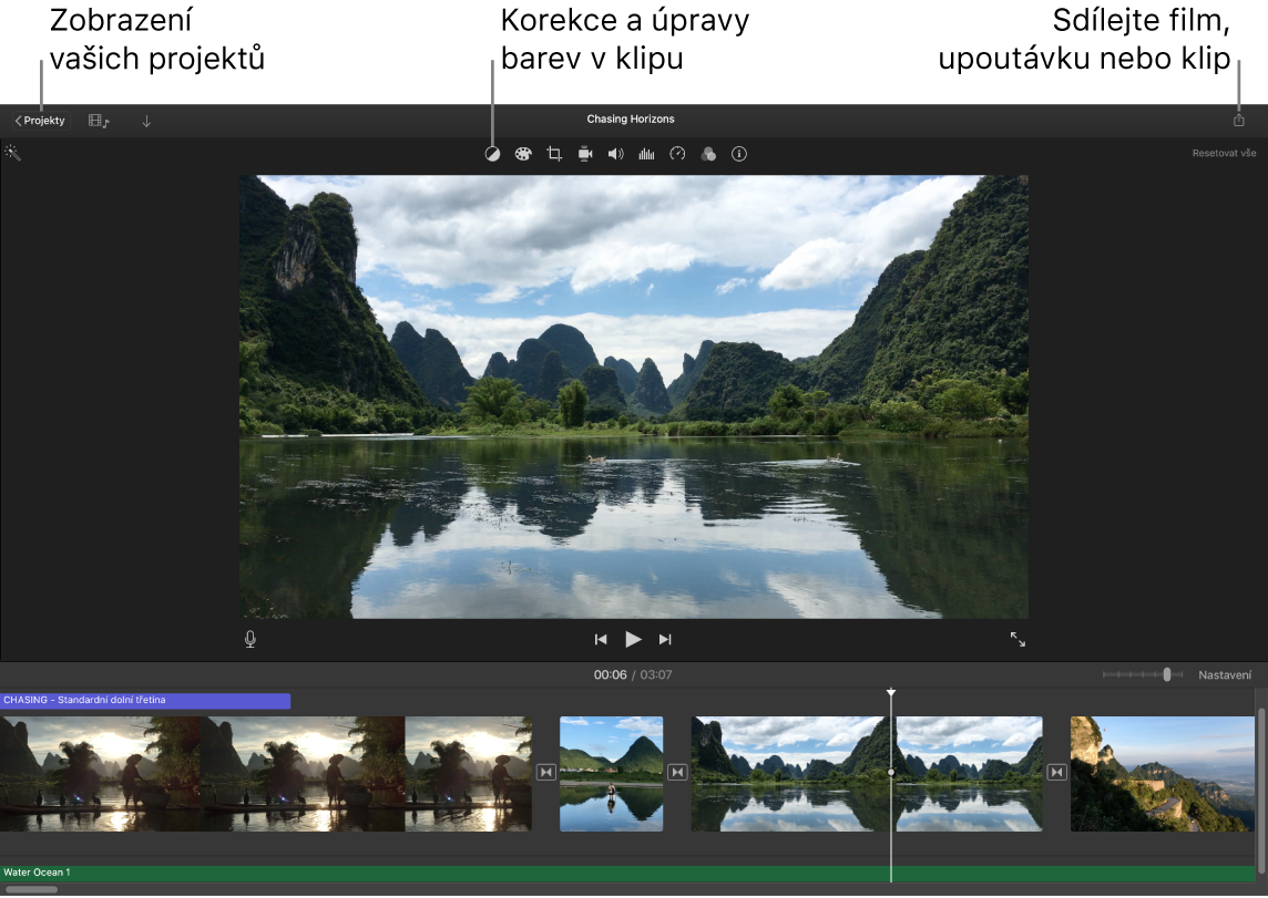 Okno iMovie s popisky tlačítek pro prohlížení projektů, korekci a úpravy barev a sdílení filmů, upoutávek či filmových klipů