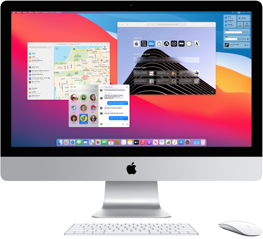 Plocha iMacu s Ovládacím centrem a několika otevřenými aplikacemi