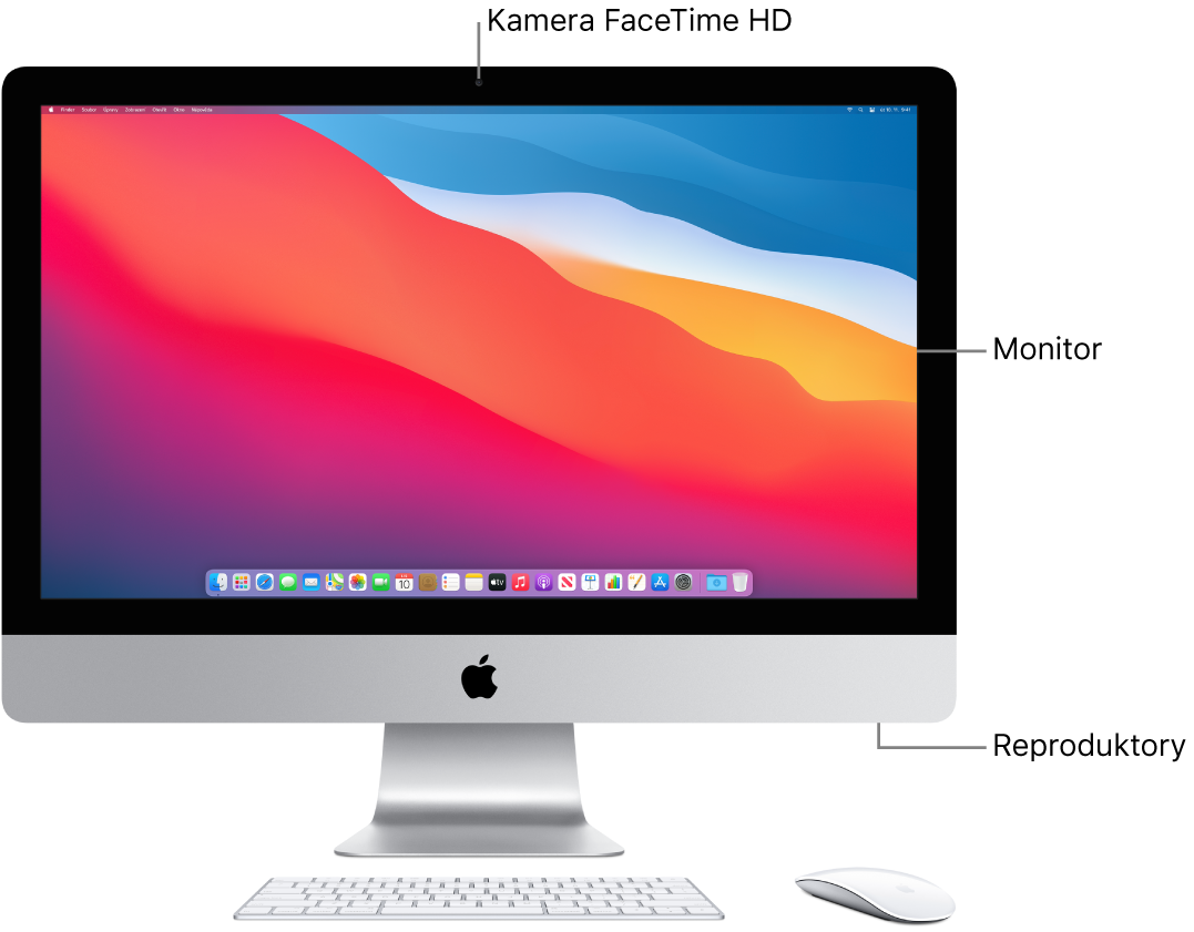 Přední strana iMacu – na obrázku je vidět displej, kamera a reproduktory