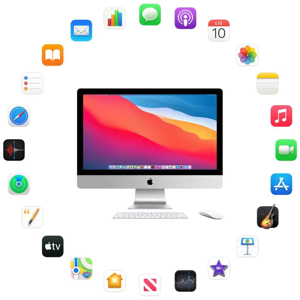 iMac obklopený ikonami předinstalovaných aplikací, které jsou popsány v následujících oddílech