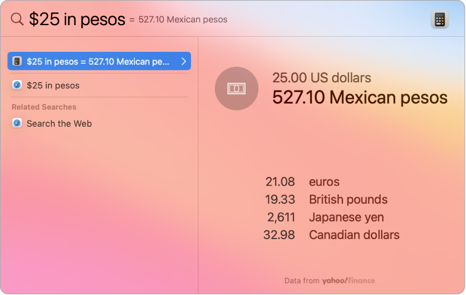Et skærmbillede, der viser omregning fra dollar til peso, hvor omregningen vises øverst og derunder flere andre muligheder, du kan vælge.