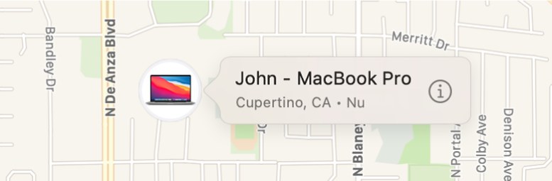 Et nærbillede af symbolet Info for Johns MacBook Pro.