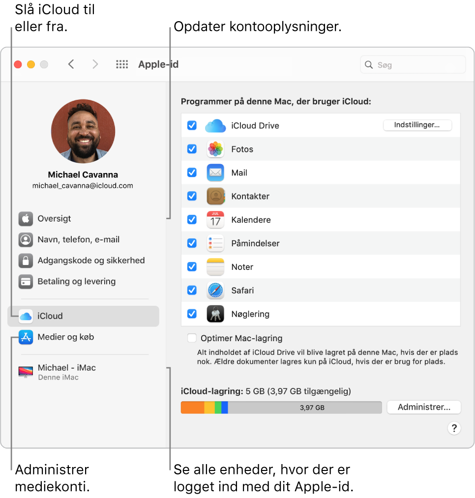 Vinduet Apple-id i Systemindstillinger. Klik på et emne i indholdsoversigten for at opdatere dine kontooplysninger, slå iCloud til eller fra, administrere mediekonti og se alle enheder, der er logget ind med dit Apple-id.