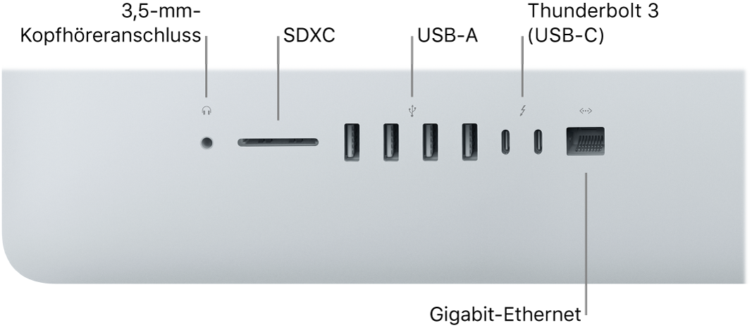 Ein iMac mit 3,5-mm-Kopfhöreranschluss, SDXC-Steckplatz, USB A-Anschluss, Thunderbolt 3-Anschlüssen (USB-C) und Gigabit-Ethernetanschluss.