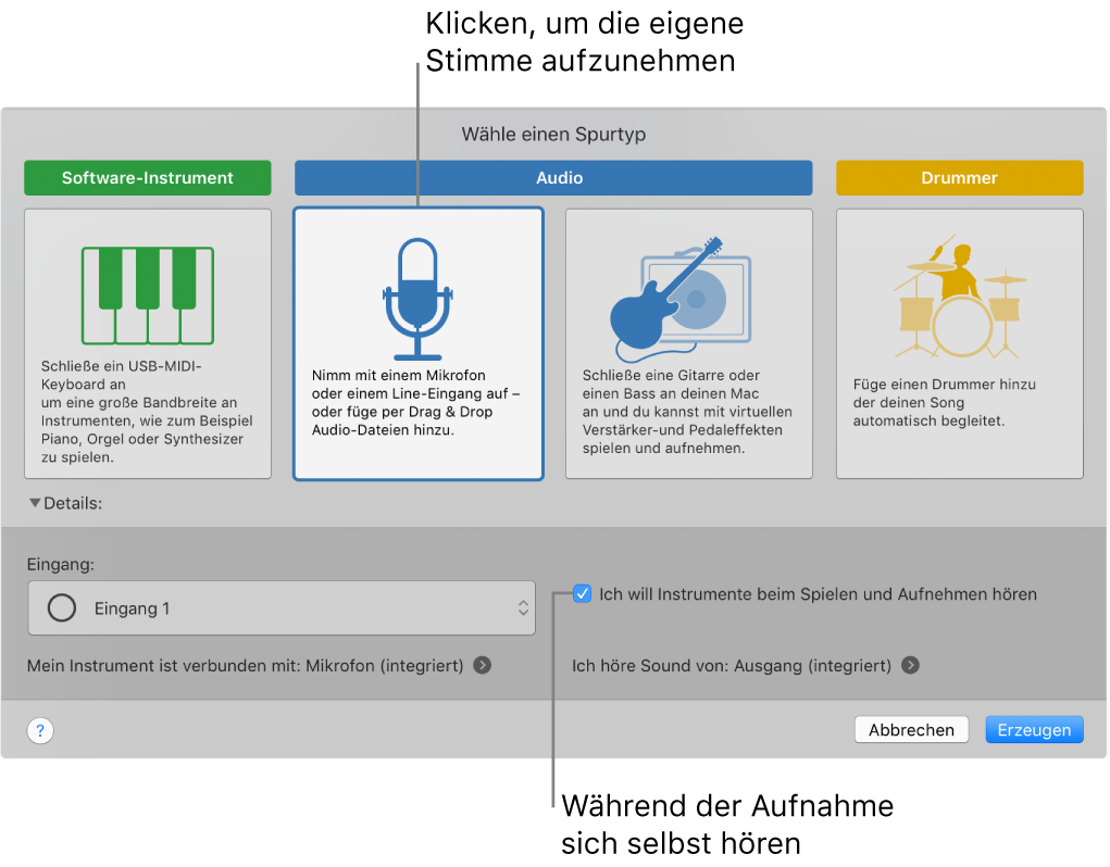 GarageBand-Instrumentbereich mit Taste zur Stimmaufzeichnung und Wiedergabe während der Aufnahme