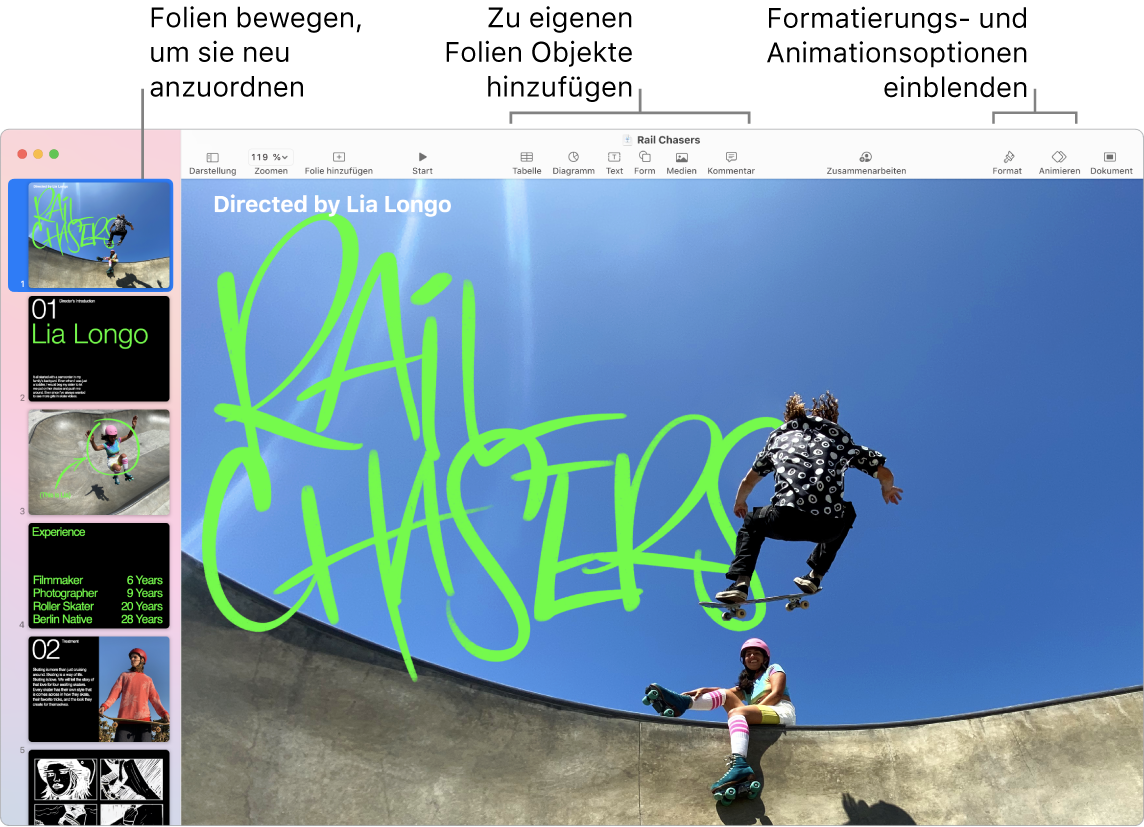 Ein Keynote-Fenster mit dem Foliennavigator links und Informationen zum Neuanordnen von Folien, der Symbolleiste und die Bearbeitungswerkzeugen oben, der Taste „Zusammenarbeiten“ oben rechts und den Tasten „Format“, „Animieren“ und „Dokument“ rechts.
