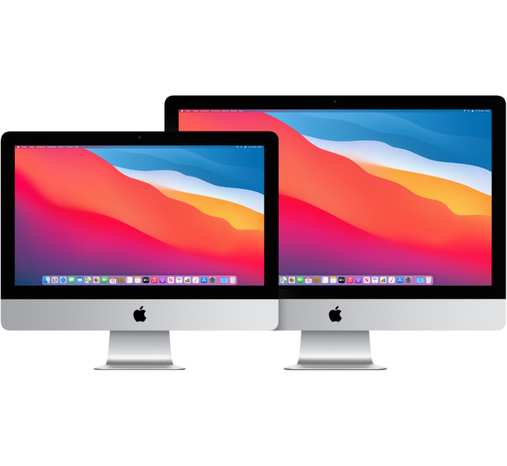 Zwei iMac-Bildschirme, einer befindet sich vor dem anderen.