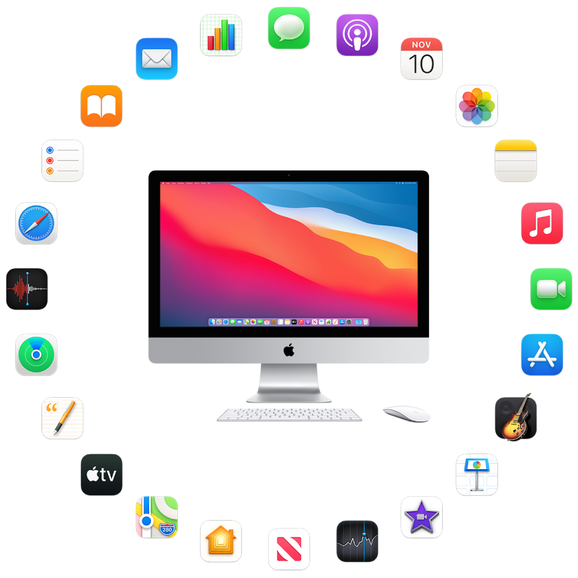 Ein iMac, der von den Symbolen für die integrierten Apps umgeben ist, die in den folgenden Abschnitten beschrieben werden.