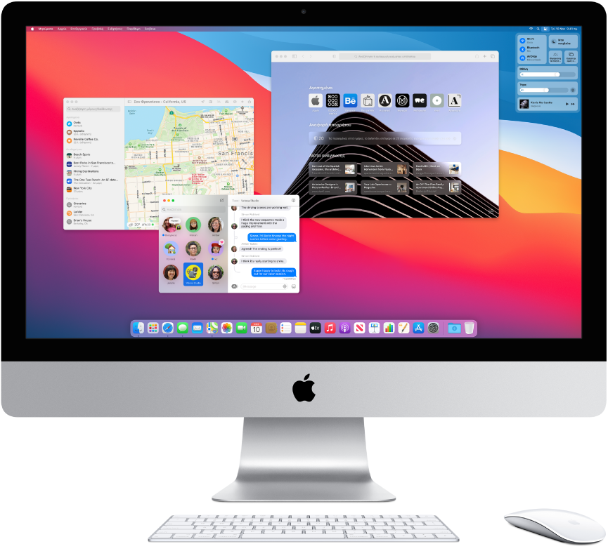 Το γραφείο εργασίας του iMac με το Κέντρο ελέγχου και διάφορες ανοιχτές εφαρμογές.
