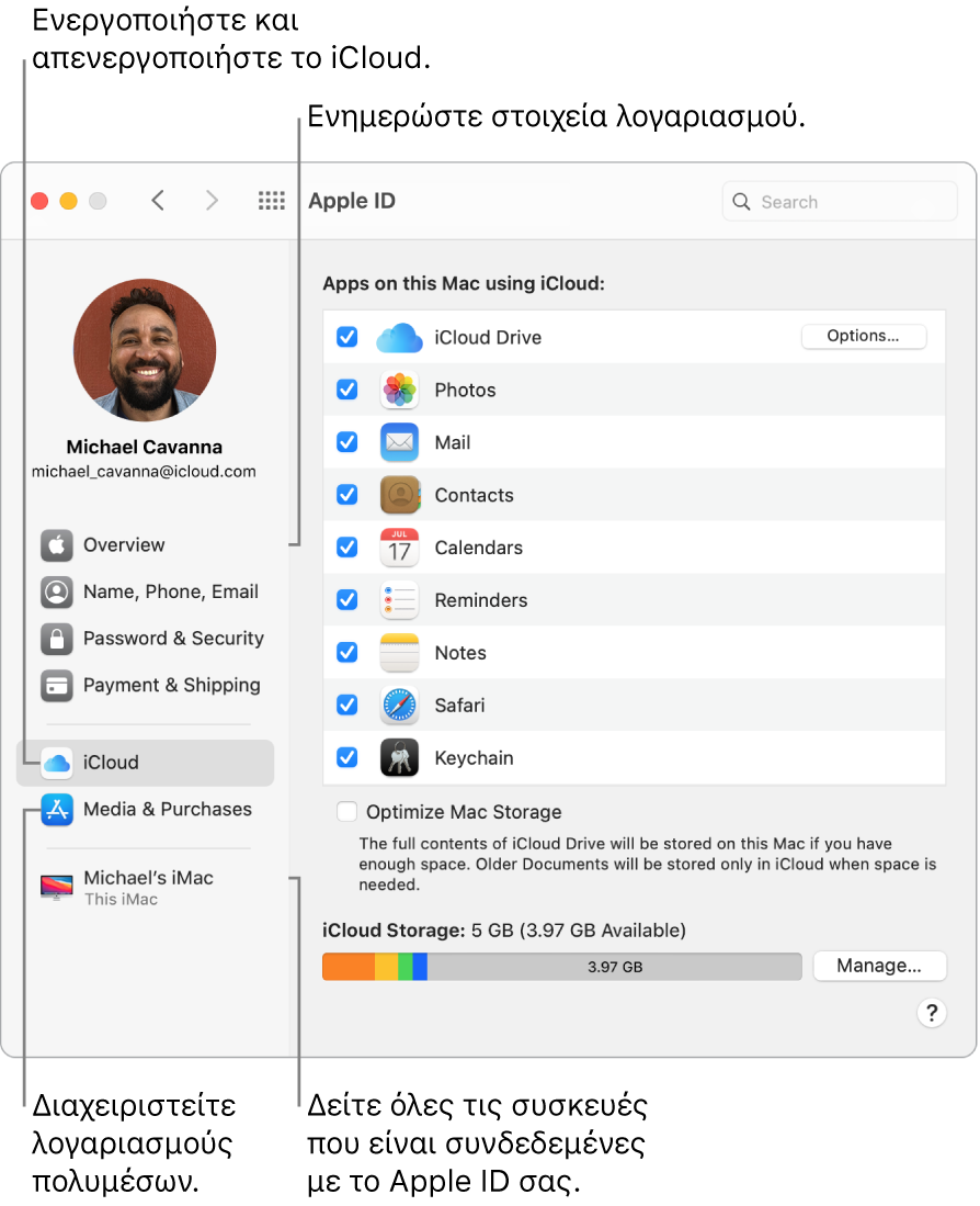 Το τμήμα Apple ID στις Προτιμήσεις συστήματος. Κάντε κλικ σε ένα στοιχείο στην πλαϊνή στήλη για ενημέρωση των στοιχείων του λογαριασμού σας, ενεργοποίηση ή απενεργοποίηση του iCloud, διαχείριση λογαριασμών πολυμέσων και εμφάνιση όλων των συσκευών που έχουν συνδεθεί με το Apple ID σας.