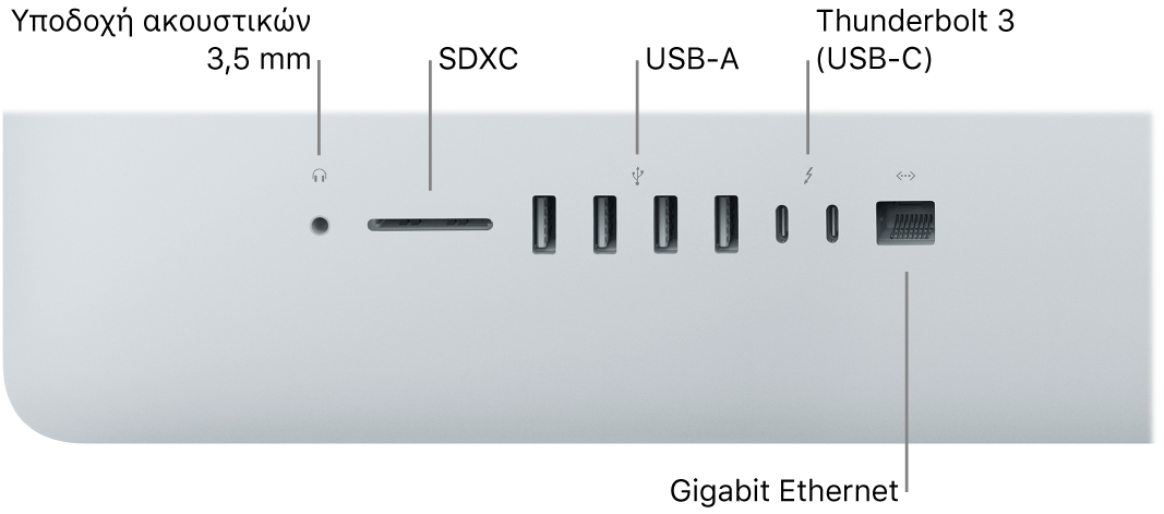 Ένα iMac στο οποίο φαίνονται η υποδοχή ακουστικών 3,5 χλστ., η υποδοχή SDXC, οι θύρες USB-A, οι θύρες Thunderbolt 3 (USB-C) και η θύρα Gigabit Ethernet.