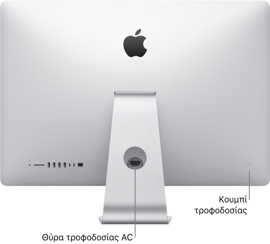 Πίσω όψη ενός iMac όπου φαίνεται το καλώδιο ρεύματος AC και το κουμπί τροφοδοσίας.