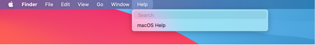A partial desktop with the Help menu open, showing menu options for Search and macOS Help.