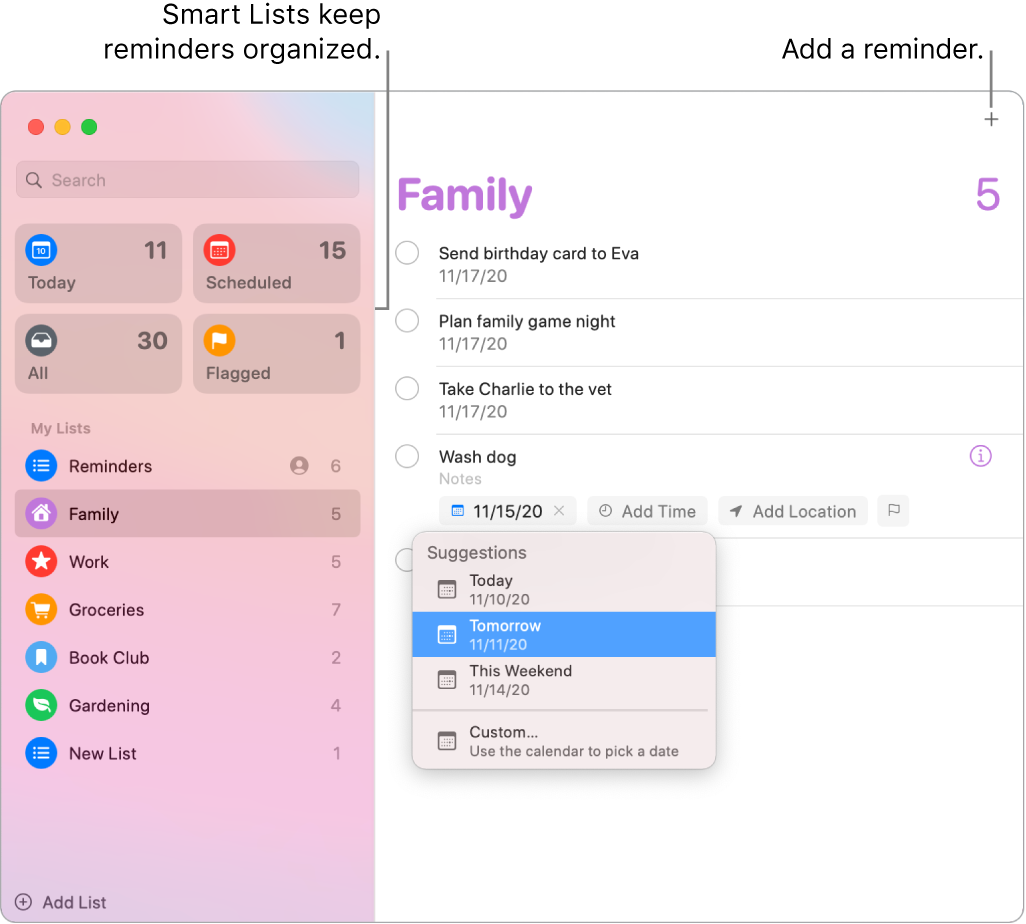 A Reminders window with smart lists on the left and other reminders and lists below. The pointer is in a reminder and the Suggestions menu is open with suggestions for Today, Tomorrow, This Weekend, and Custom.