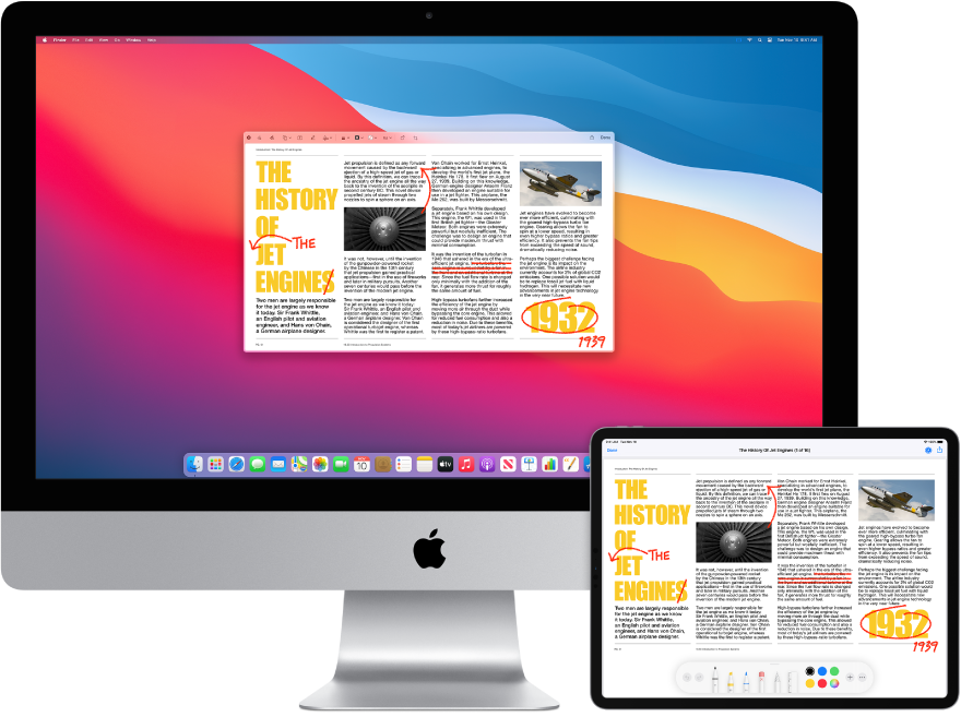 An iMac and an iPad sit side by side. Both screens display an article covered in scribbled red edits, such as crossed out sentences, arrows, and added words. The iPad also has mark up controls at the bottom of the screen.