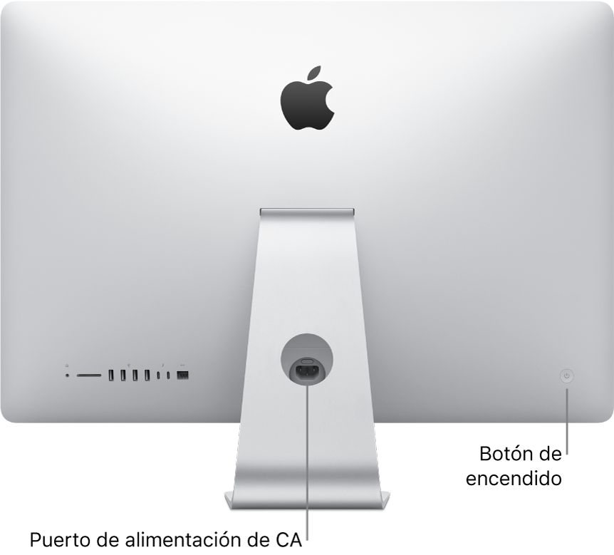 Vista trasera de un iMac donde se muestra el cable de alimentación de CA y el botón de arranque.