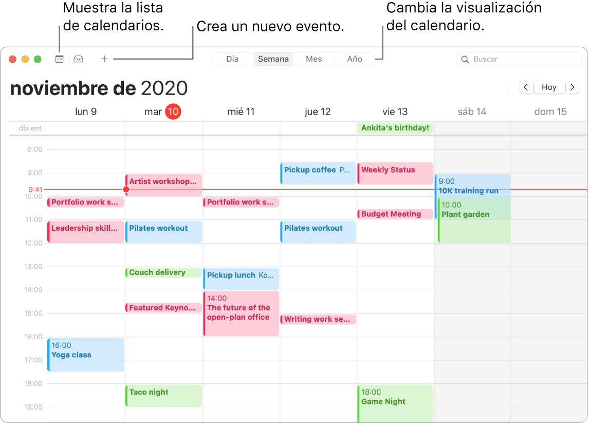 Una ventana de Calendario donde se muestra cómo crear un evento, cómo mostrar la lista de calendarios y cómo seleccionar la vista Día, Semana, Mes o Año.