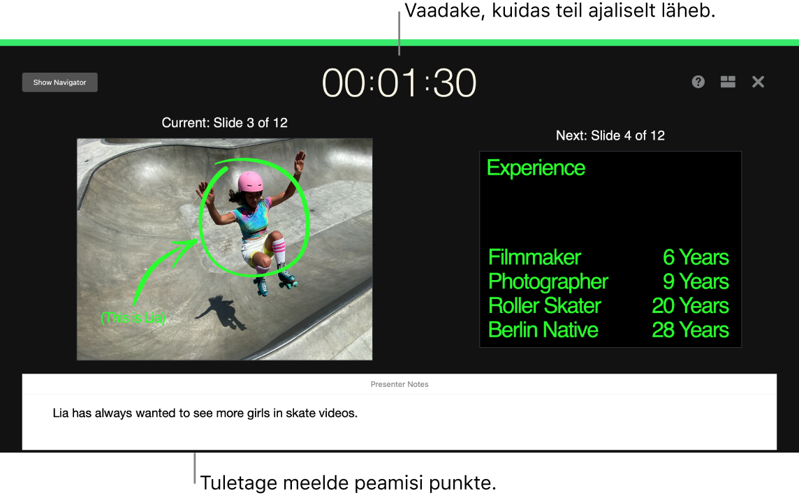 Keynote'i aknas kuvatakse funktsiooni Rehearse Slideshow.