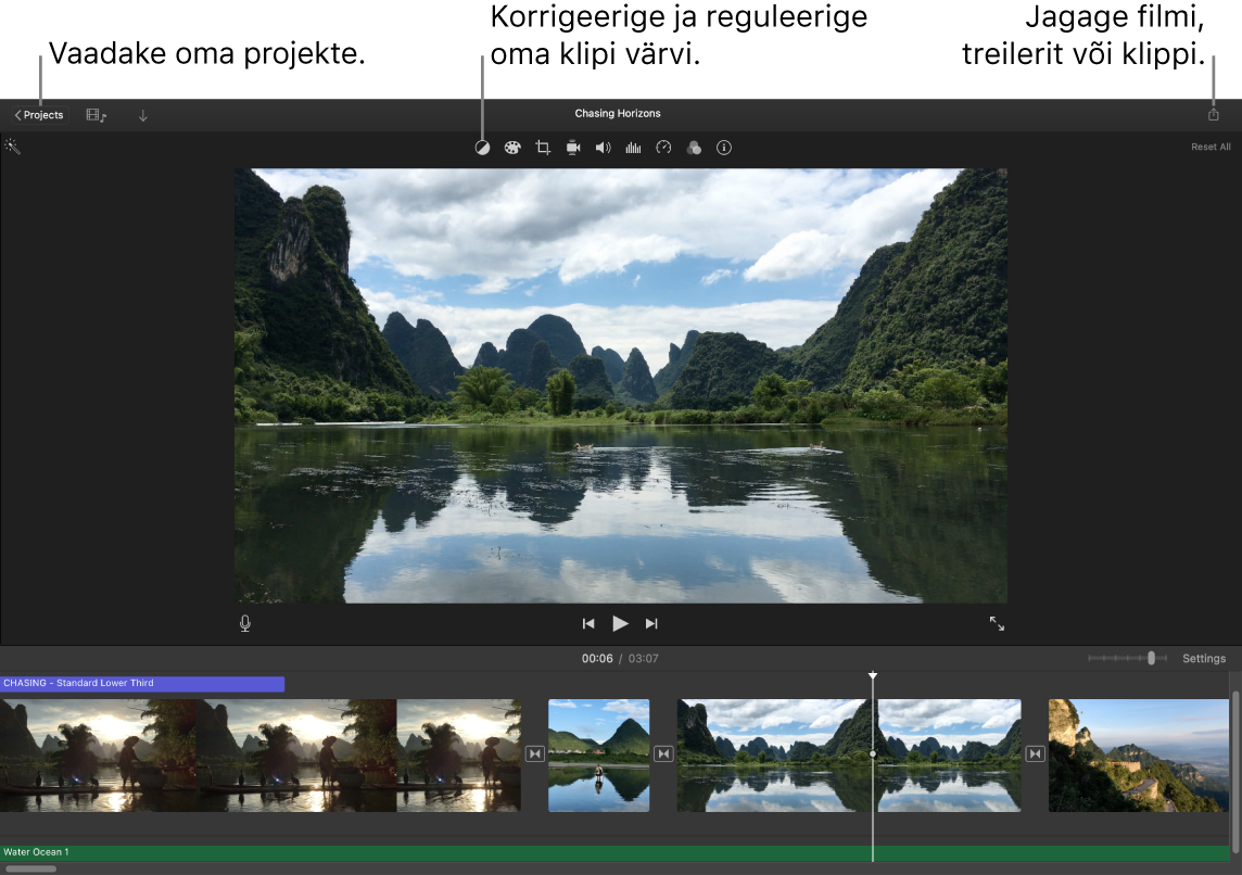 iMovie aknas kuvatakse projektide vaatamise, värvide korrigeerimise ja reguleerimise ning filmi, treileri või filmiklipi jagamise nuppe.