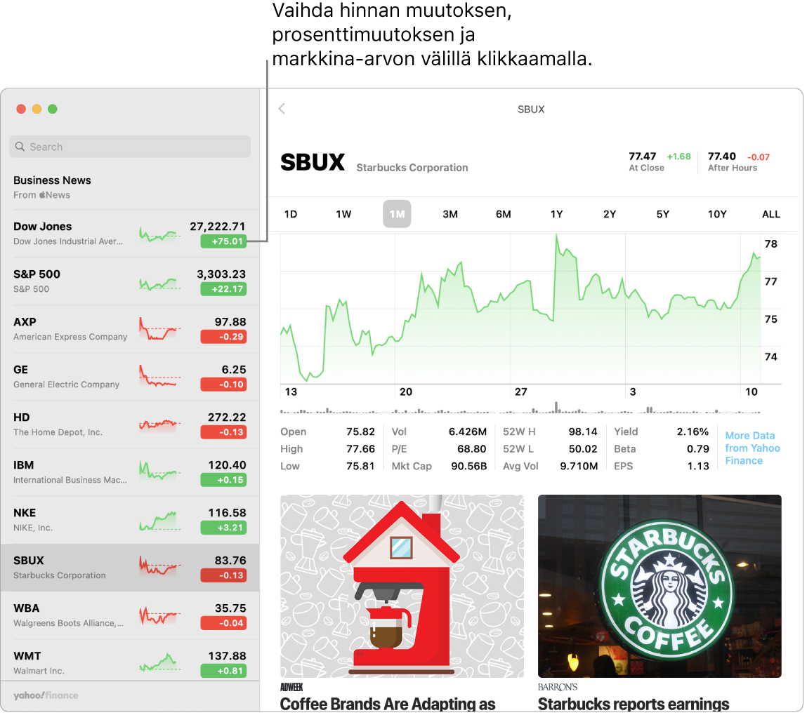 Pörssi-näyttö, jossa näkyy tietoja ja artikkeleita valitusta osakkeesta.