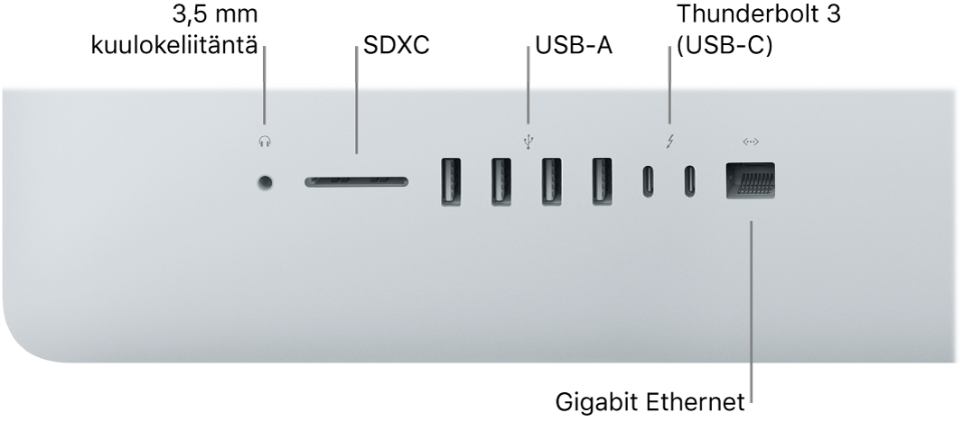 iMac, jossa näkyy 3,5 mm kuulokeliitäntä, SDXC-paikka, USB A- ja Thunderbolt 3 (USB-C) -portit sekä Gigabit Ethernet -portti.