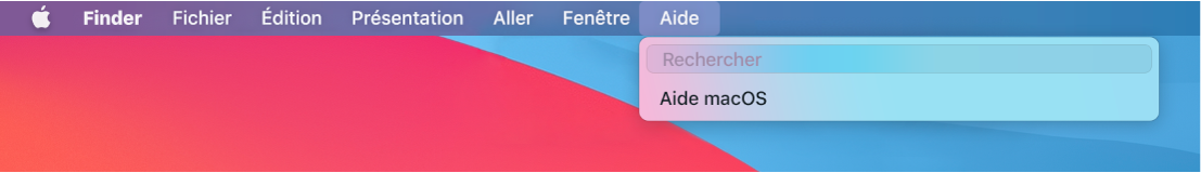 Un bureau partiel avec un menu Aide ouvert, affichant les options de menu pour Recherche et Aide macOS.