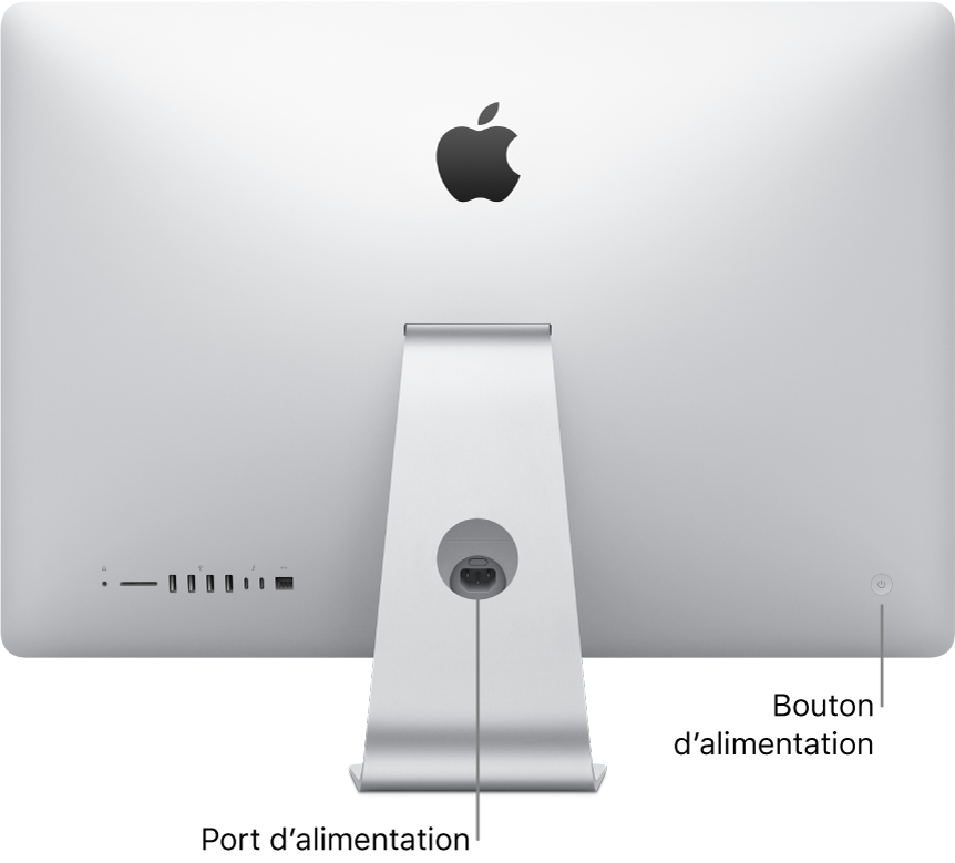Vue arrière de l’iMac, présentant le câble d’alimentation CA et le bouton d’alimentation.