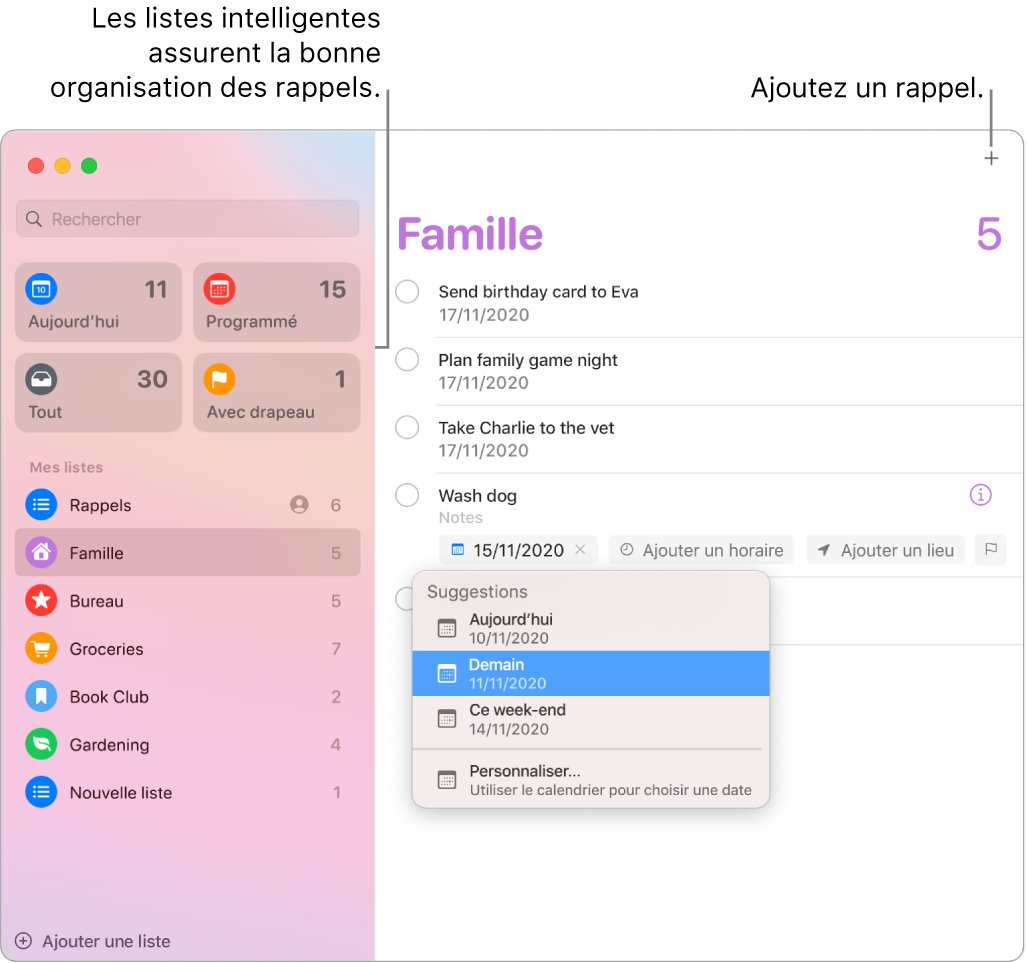 Fenêtre de Rappels avec des listes intelligentes sur la gauche, et d’autres rappels et listes en dessous. Le pointeur se trouve dans un rappel et le menu Suggestions est ouvert avec des suggestions pour Aujourd’hui, Demain, Cette semaine et Personnaliser.