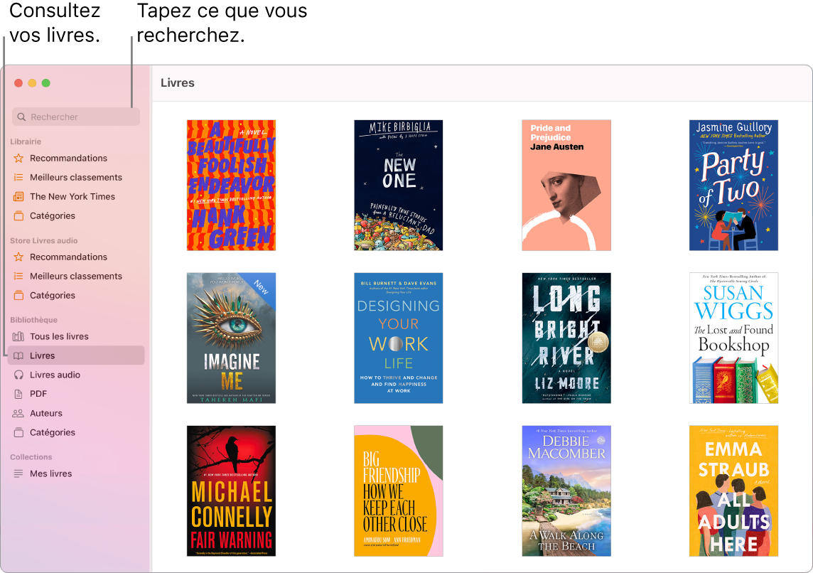 Une fenêtre de l’app Livres montrant comment afficher des livres, parcourir les éléments filtrés et effectuer des recherches.