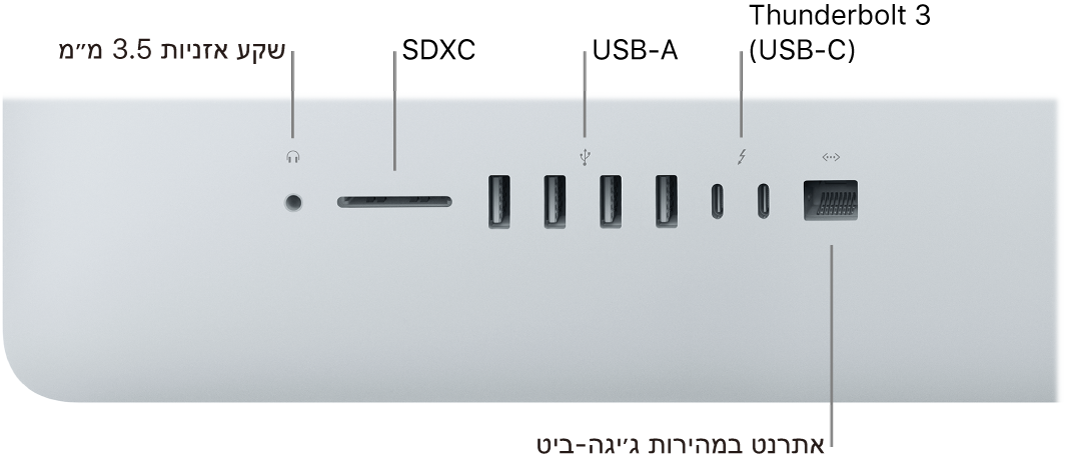 ‏iMac מציג את מחבר האוזניות של 3.5 מ״מ, חריץ SDXC, יציאות USB-A, יציאות Thunderbolt 3 ‏(USB-C) ויציאת Gigabit Ethernet.