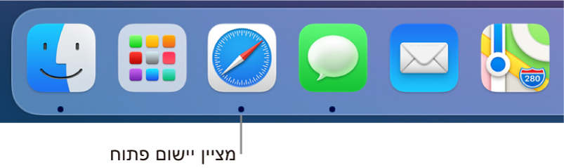 קטע מתוך ה-Dock המציג נקודות שחורות מתחת ליישומים הפתוחים.