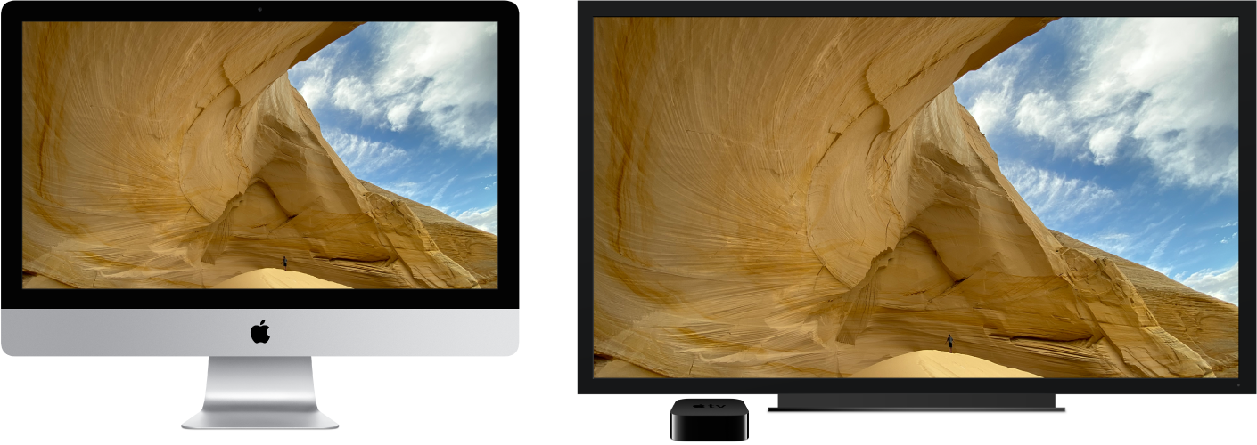 ‏iMac שהתוכן שלו משוקף על מסך HDTV גדול באמצעות Apple TV.
