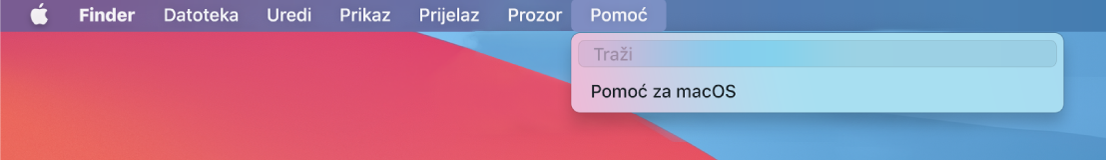 Dio radne površine s otvorenim izbornikom Pomoć, prikazuje opcije izbornika Pretraži i Pomoć za macOS.