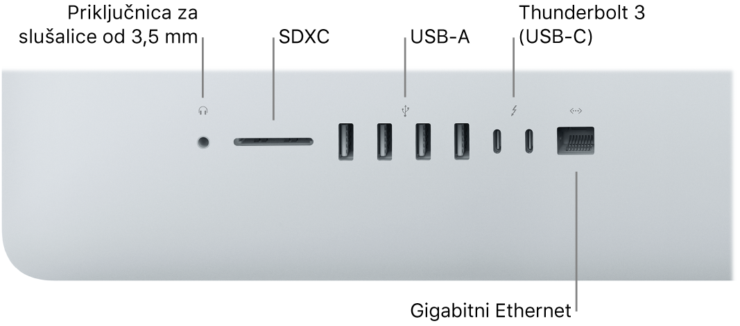 Računalo iMac s priključnicom od 3,5 mm za slušalice, utorom za SDXC, priključnicom USB-A, priključnicama Thunderbolt 3 (USB-C) i priključnicom za Gigabit Ethernet.